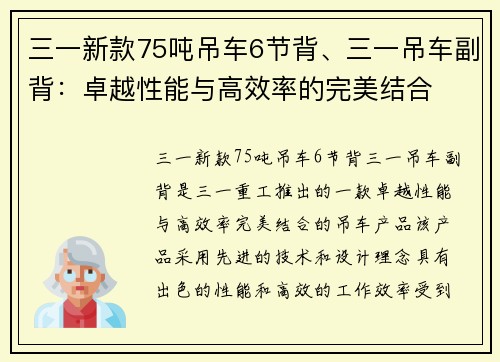 三一新款75吨吊车6节背、三一吊车副背：卓越性能与高效率的完美结合