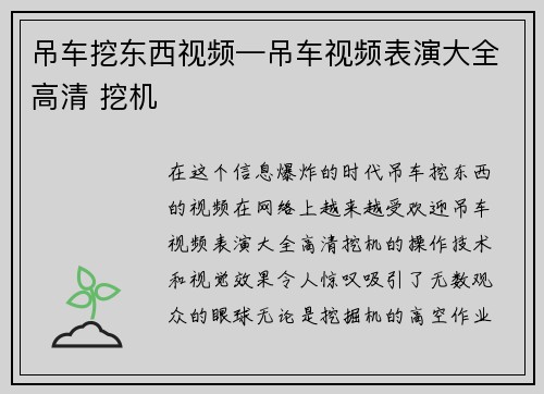 吊车挖东西视频—吊车视频表演大全高清 挖机